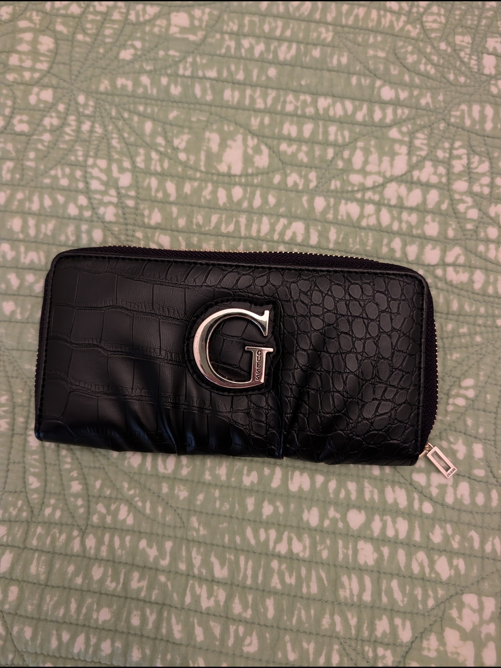 Guess Black Croc-Embossed Zip Wallet with Silver 'G' Accent